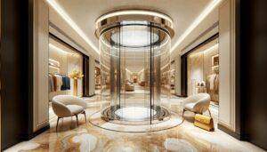 A luxurious boutique's glass elevator, enclosed in a shimmering cylindrical glass shaft, providing a panoramic view of the opulent interior. The elevator reflects the ambient lighting and golden accents of the surroundings, topped with a polished gold band for added grandeur. Below, a richly veined marble floor shines, complementing the elevator's light silhouette. The elevator not only facilitates movement but also acts as a central piece, enhancing the boutique's upscale ambiance. The setting includes plush seating and designer displays, ensuring an elegant and seamless shopping across different floors.