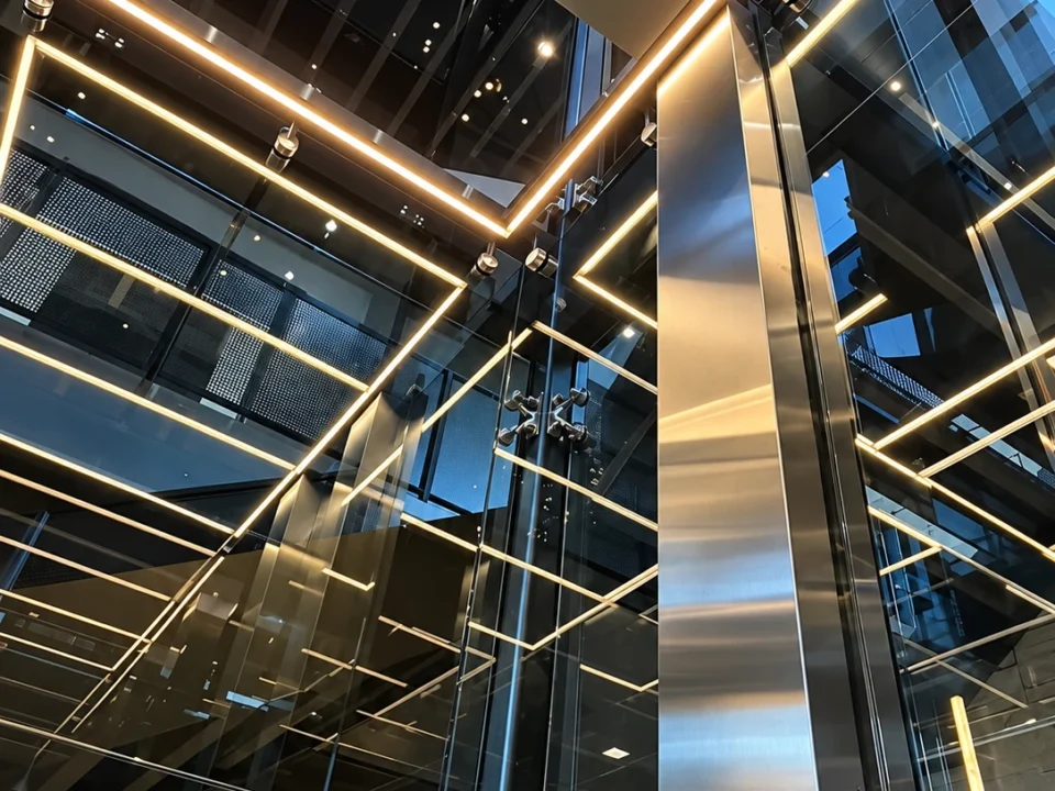 Custom home glass elevator with metal framing and warm LED lighting, featured in Roys Rise’s Utah elevator article.
