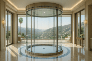 Sleek circular glass elevator inside a luxury hillside home, offering sweeping views of the surrounding landscape.