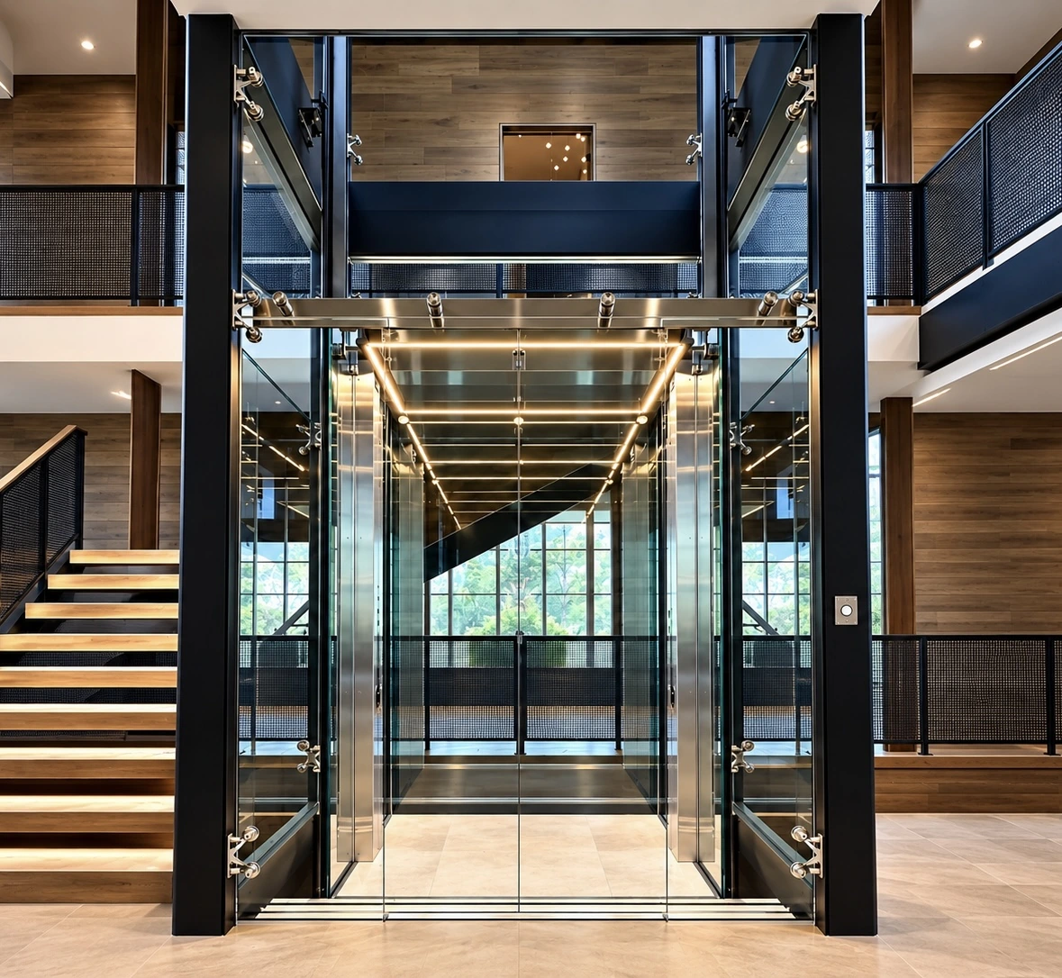Custom glass home elevator with black framing, clear glass doors and warm ceiling lighting beside an open staircase.