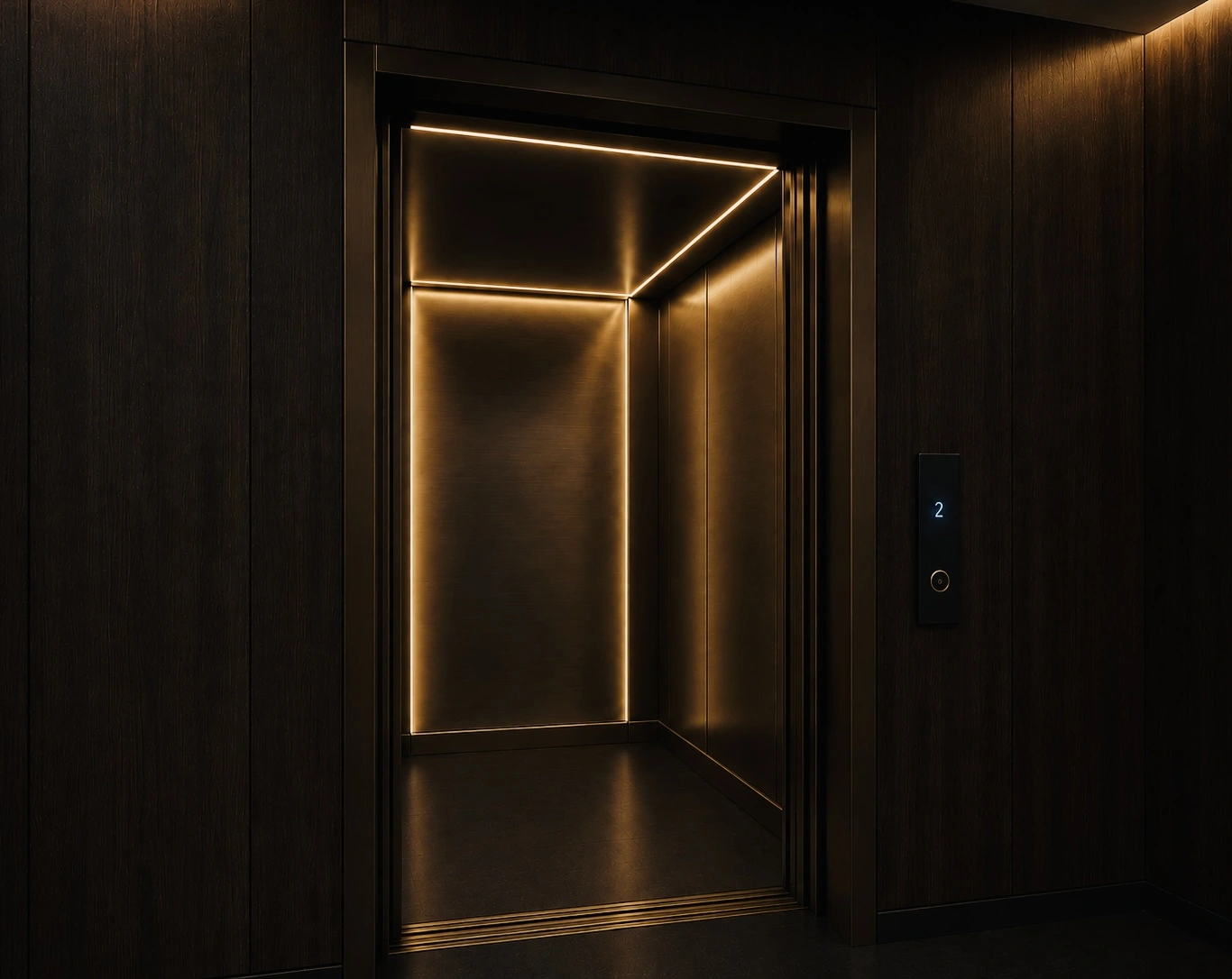 Luxury elevator interior with warm metallic walls and concealed linear lighting set within dark wood paneling.