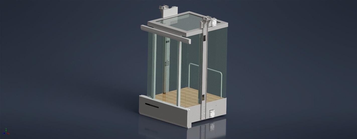 Roys Rise 3D design rendering of the custom glass elevator cab for Raising Cane's Inglewood flagship.