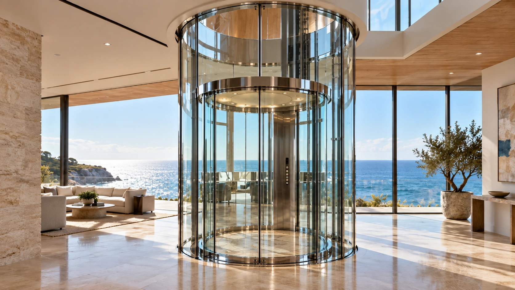 Round glass elevator with curved glazing and polished metal framing in a light-filled luxury home.
