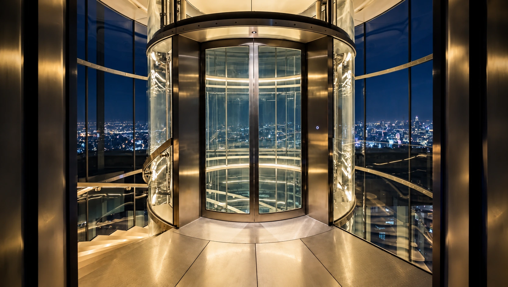 Round glass elevator with curved glazing, warm metallic finishes and a city skyline at night.